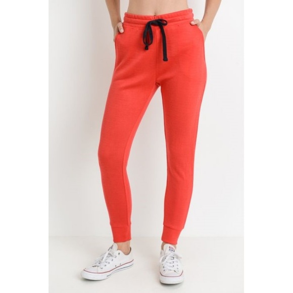 Red Tapered Drawstring Modal Joggers - Picture 3 of 5